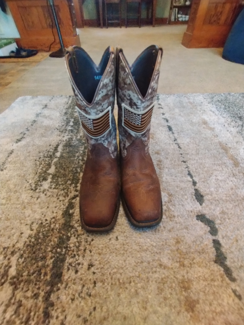 Ariat Brown Leather Cowboy Boots with Camo Shaft and Flag Patch Size 14EE